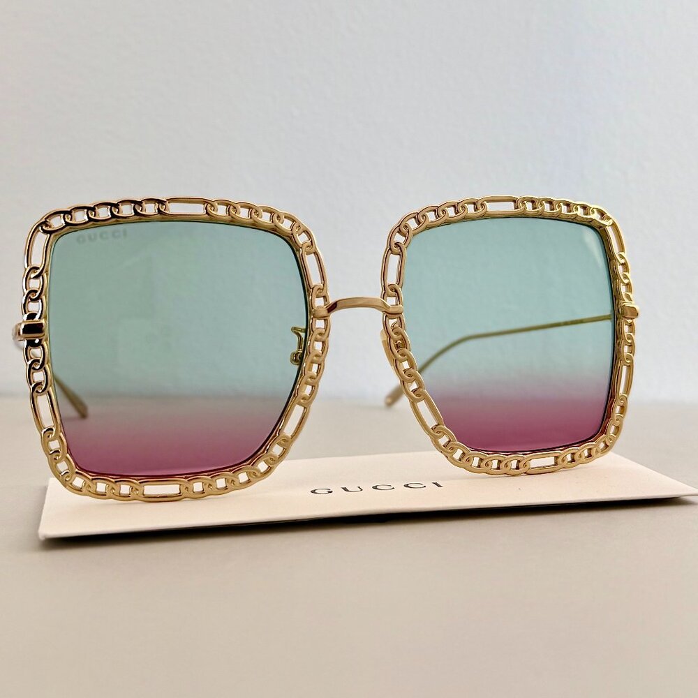 GUCCI Gold Chain Link Oversized Square Sunglasses Gradient Lenses NEVER WORN!!